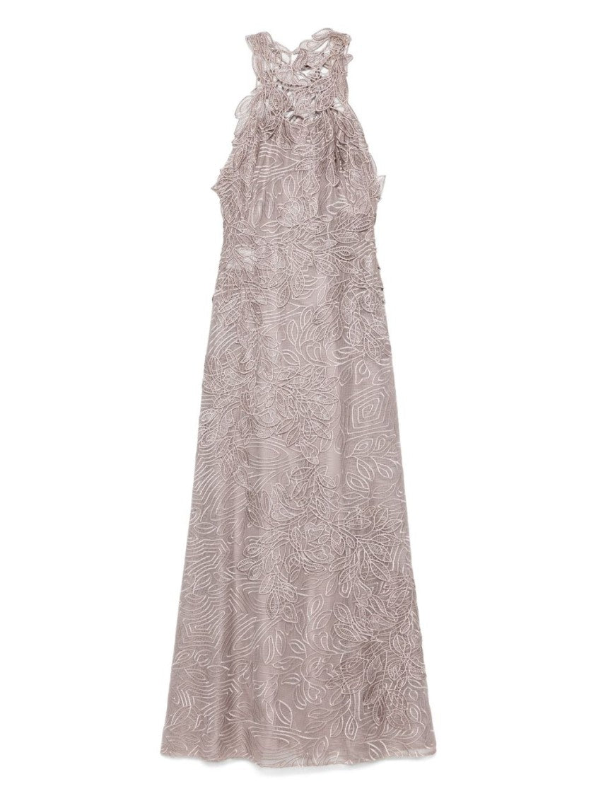 Alberta Ferretti Floral Embroidered Halter Neck Dress In Beige