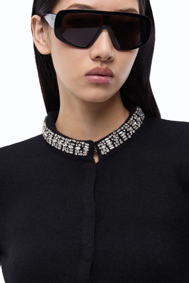 Pinko Black Embellished Collar Wool-Blend Cardigan