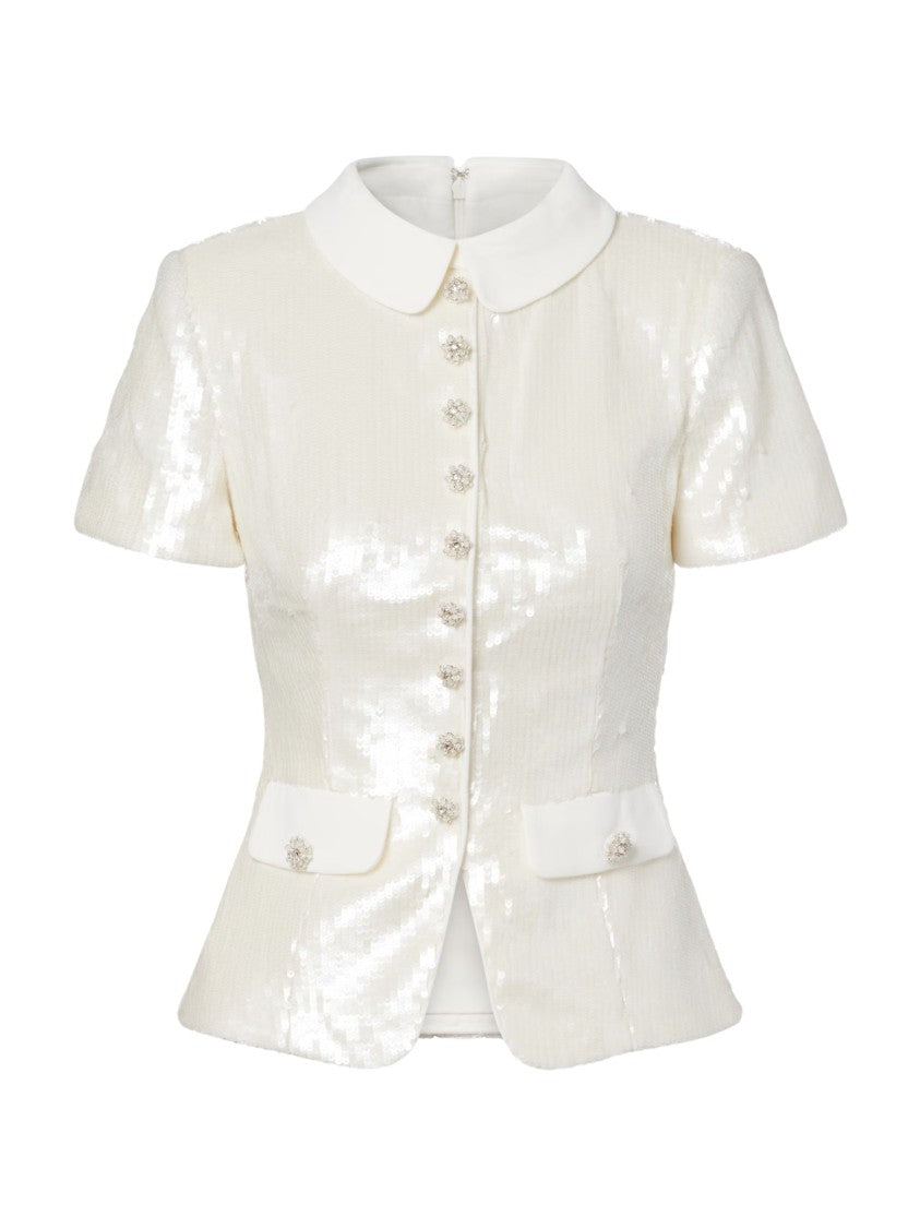 Self-Portrait White Crystal Floral Sequined Top