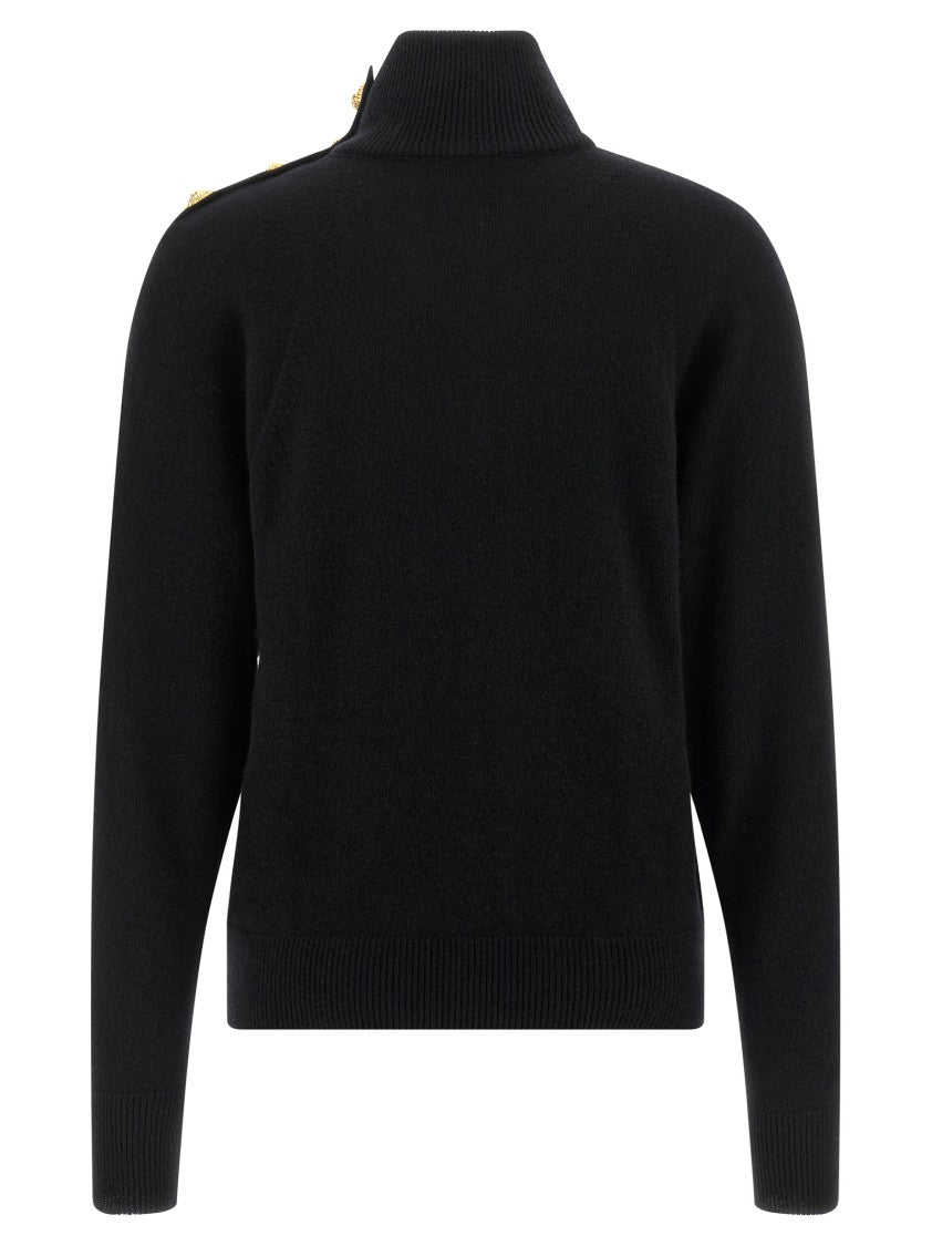 Balmain Black Cashmere-Wool Sweater With High Neck And Metal Detail