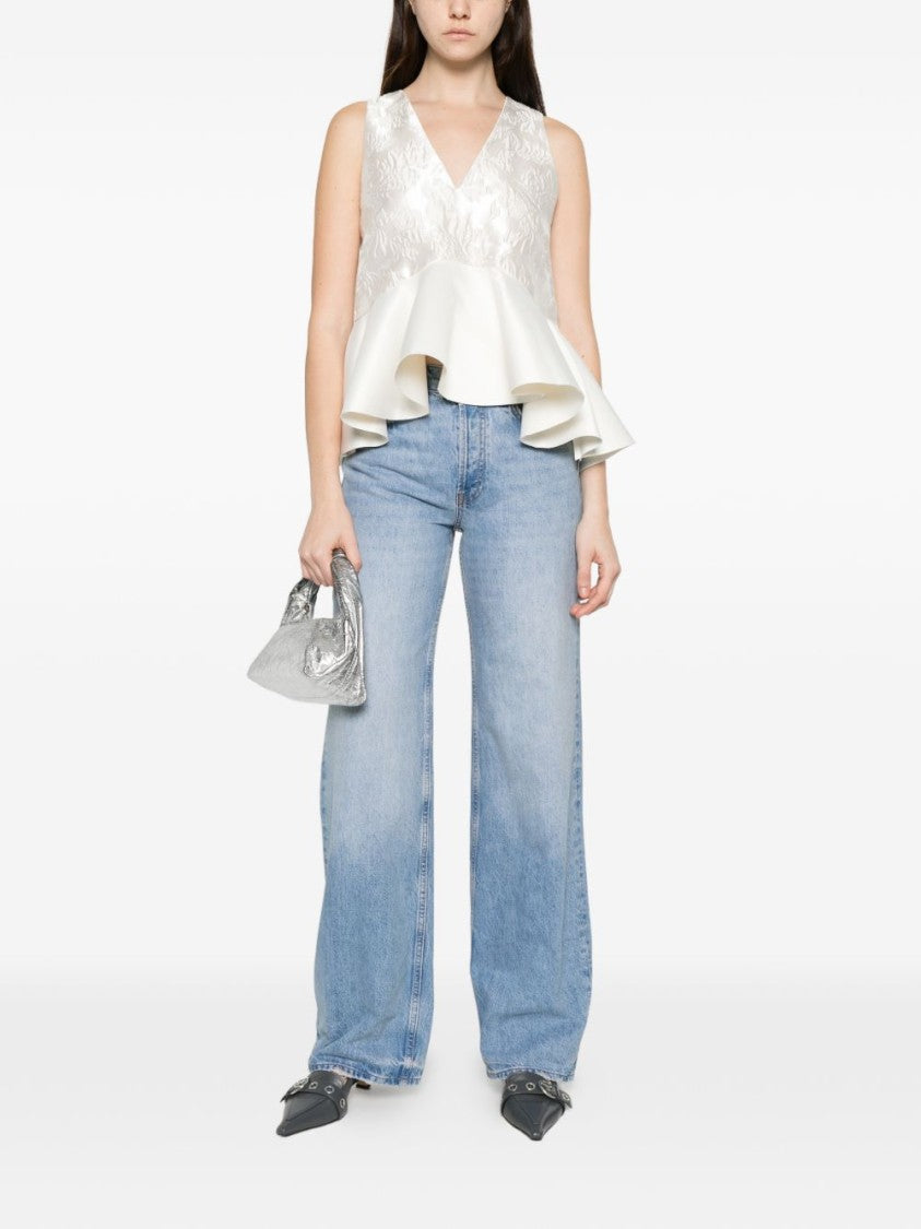 Ganni Floral Jacquard Peplum Top With V-Neckline