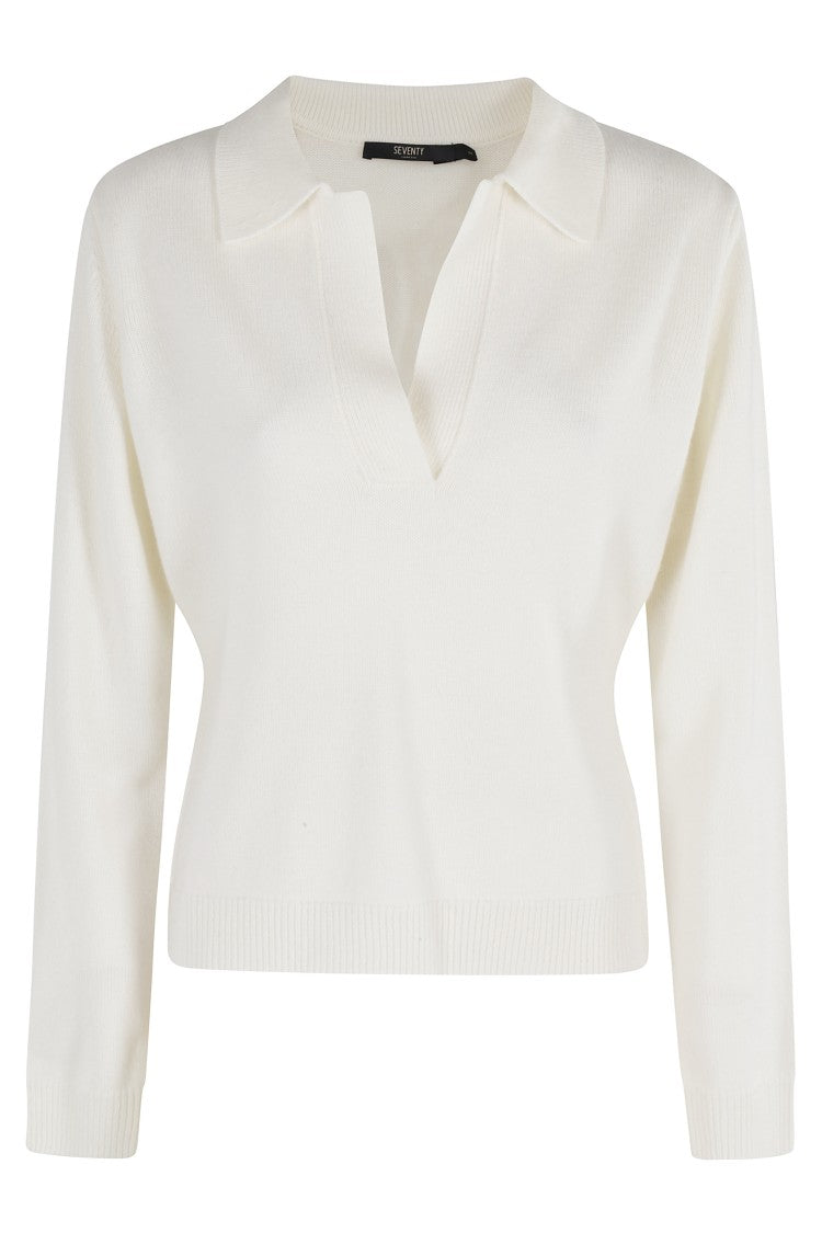 Seventy Long Sleeve Cream Polo Shirt With V-Neck And Classic Collar