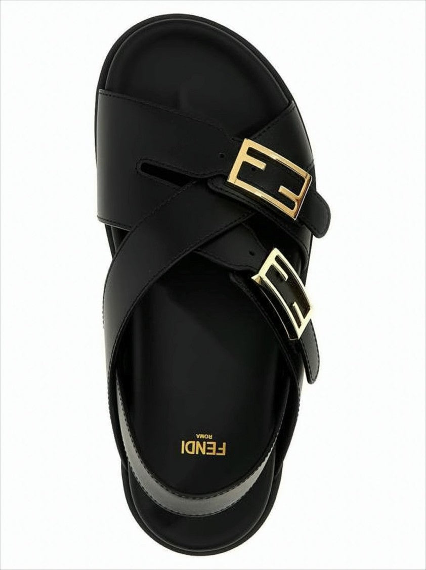Fendi Crossed Strap Calf Leather Sandals With Gold Accents