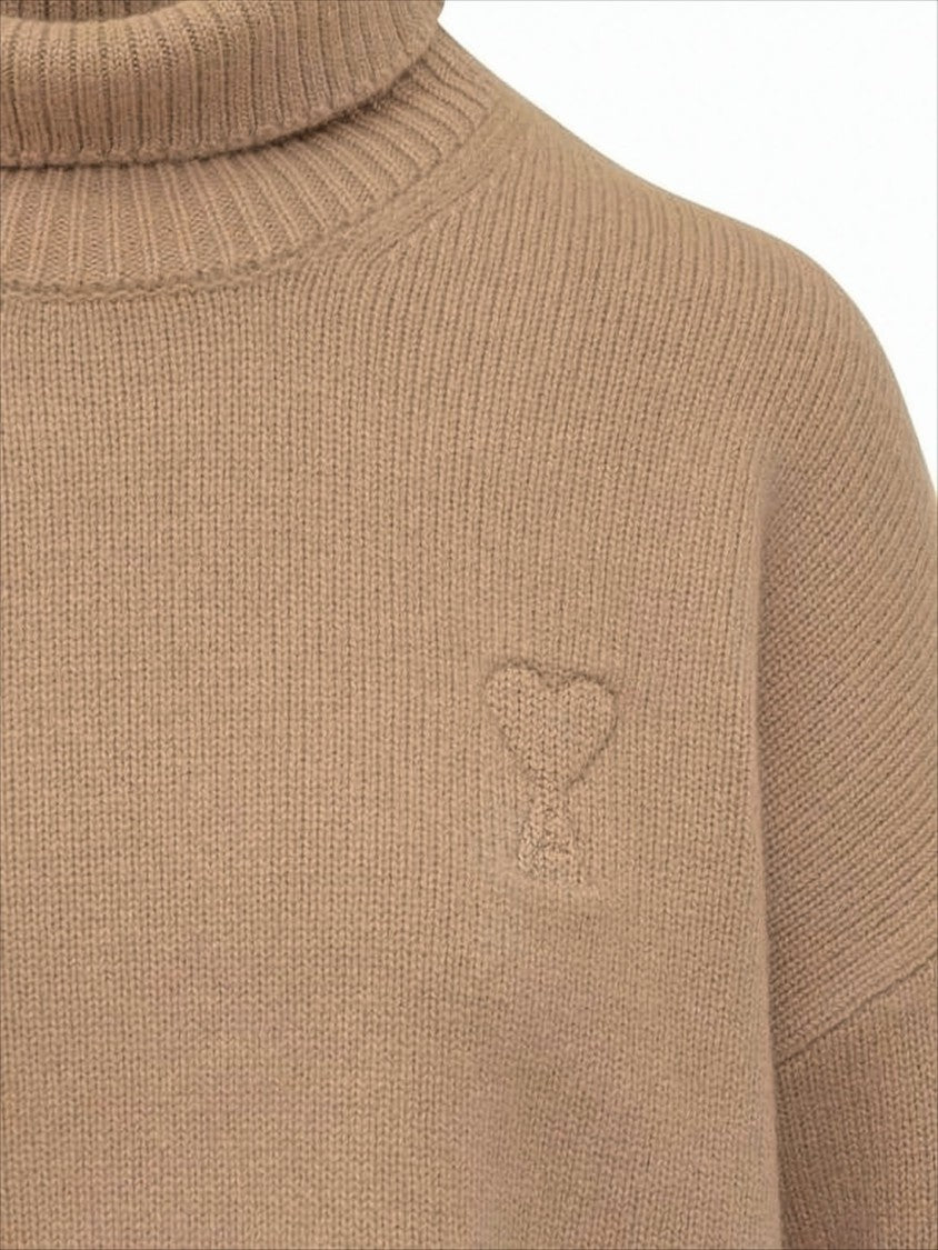 Ami Ribbed Knit Turtleneck Sweater With Embroidered Heart Logo