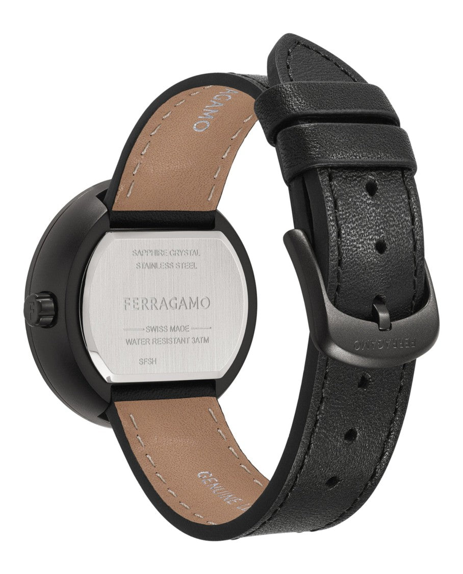 Ferragamo Curve V2 Leather Watch With Black Sunray Dial