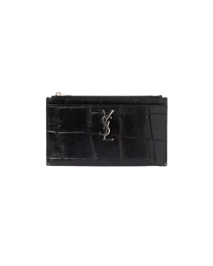 Saint Laurent Black Wallet On Chain Croc Embossed Leather Clutch