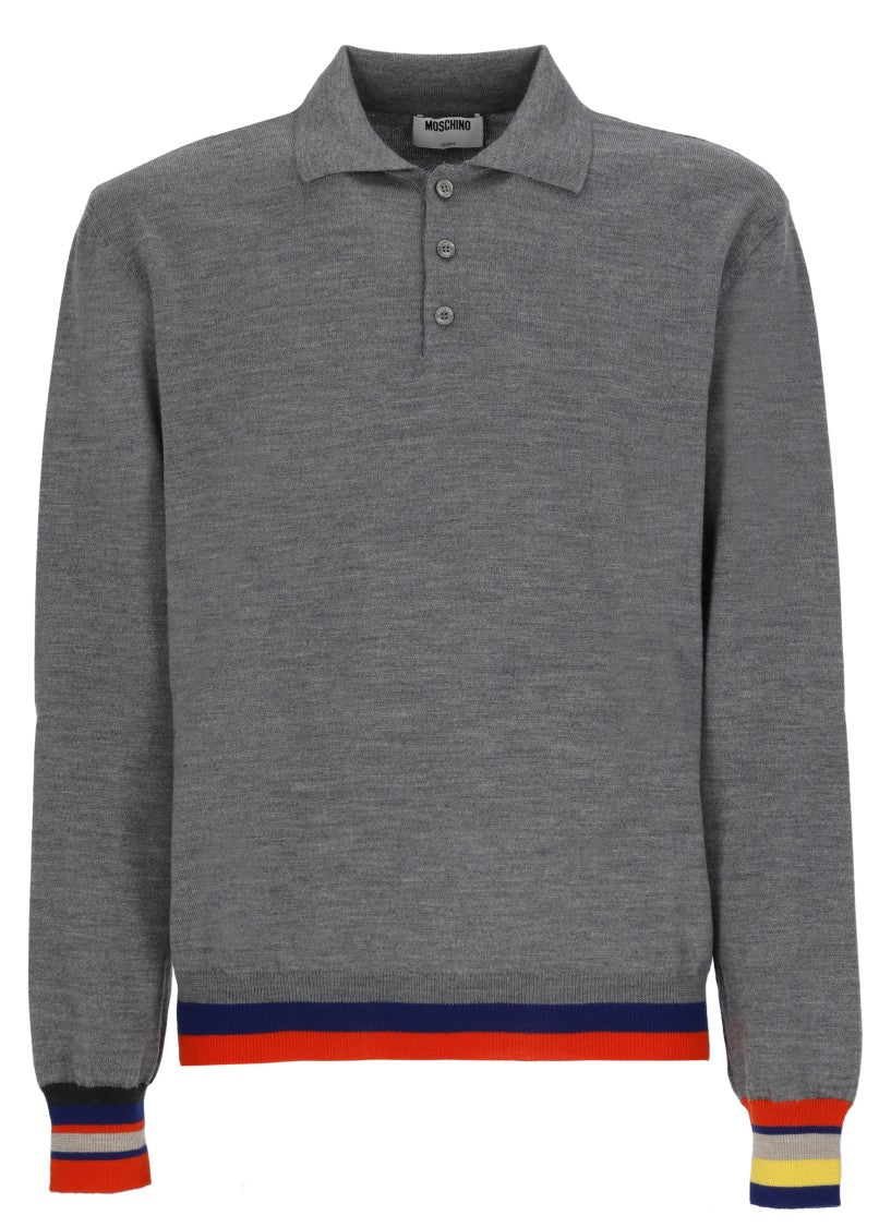 Moschino Grey Striped Detailing Knit Wool Polo Shirt
