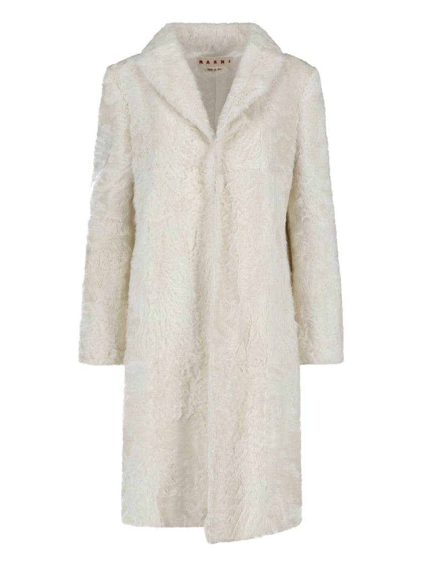Marni White Mid-Length Classic Lapel Shearling Coat