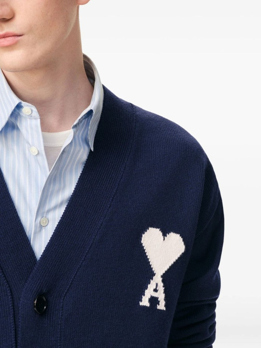 Ami Paris Blue Heart Motif V-Neck Knit Sweater