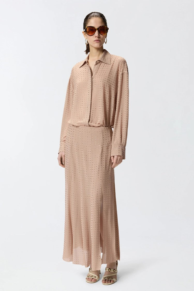 Pinko Beige Fringed Hem Allover Rhinestone Georgette Midi Skirt