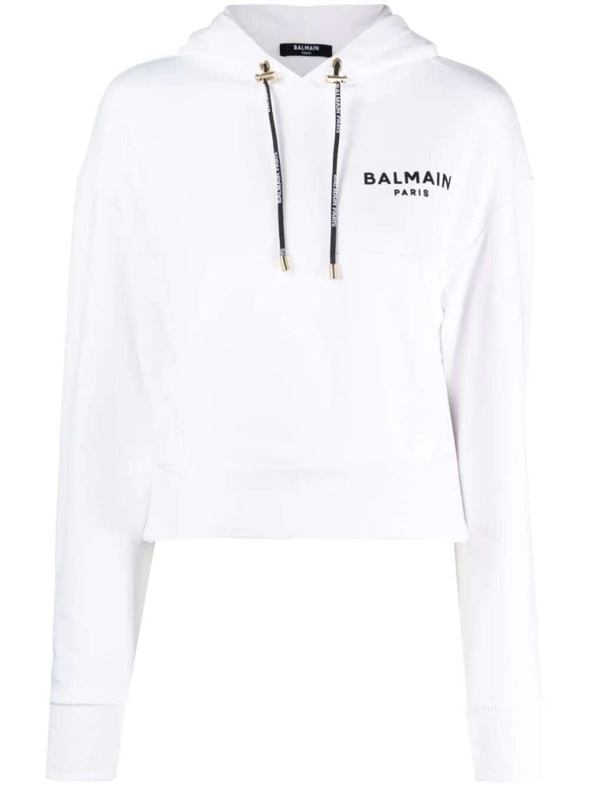 Balmain Flocked-Logo Cropped Hoodie