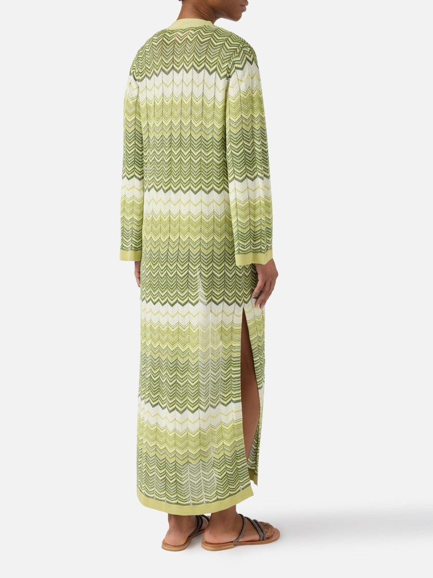 Mc2 Saint Barth Chevron Knit Long Cardigan With Three-Quarter Sleeves