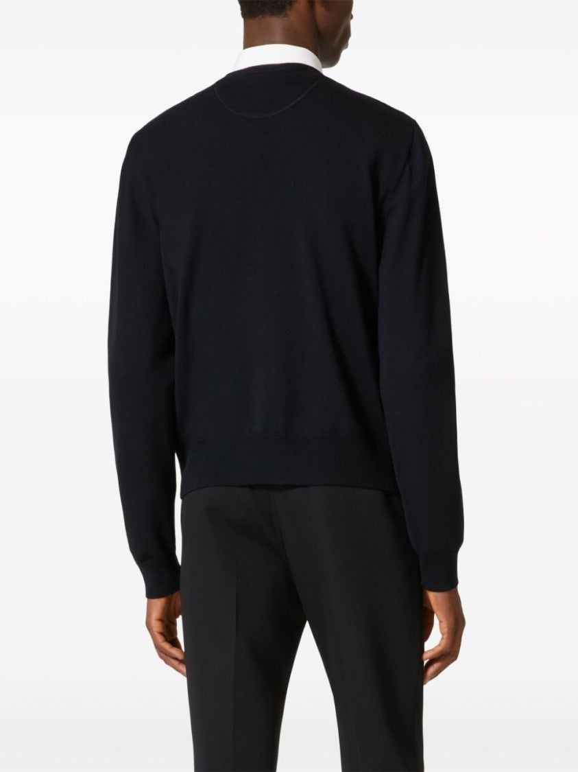 Valentino Garavani Monogram Jacquard Crew Neck Sweater In Black Virgin Wool