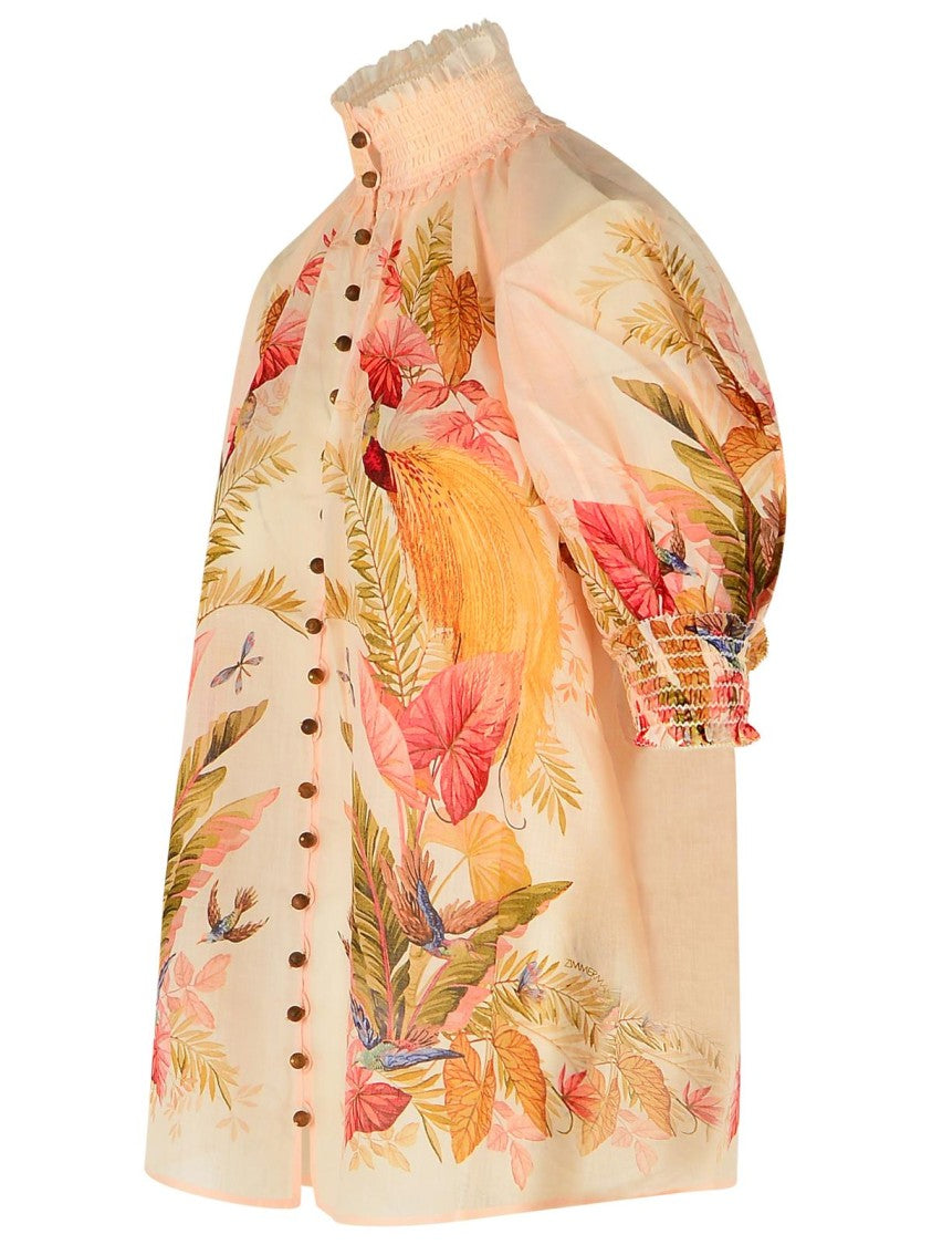 Zimmermann 'Billow' Ramie Puff Sleeves Blouse In 'Cream Palm Floral'