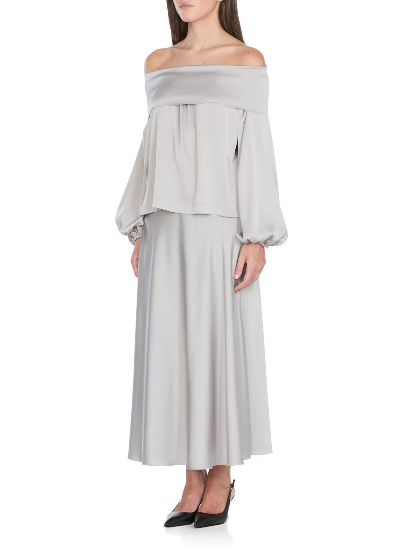 D. Exterior Ivory Satin Blouse With Straight Neck