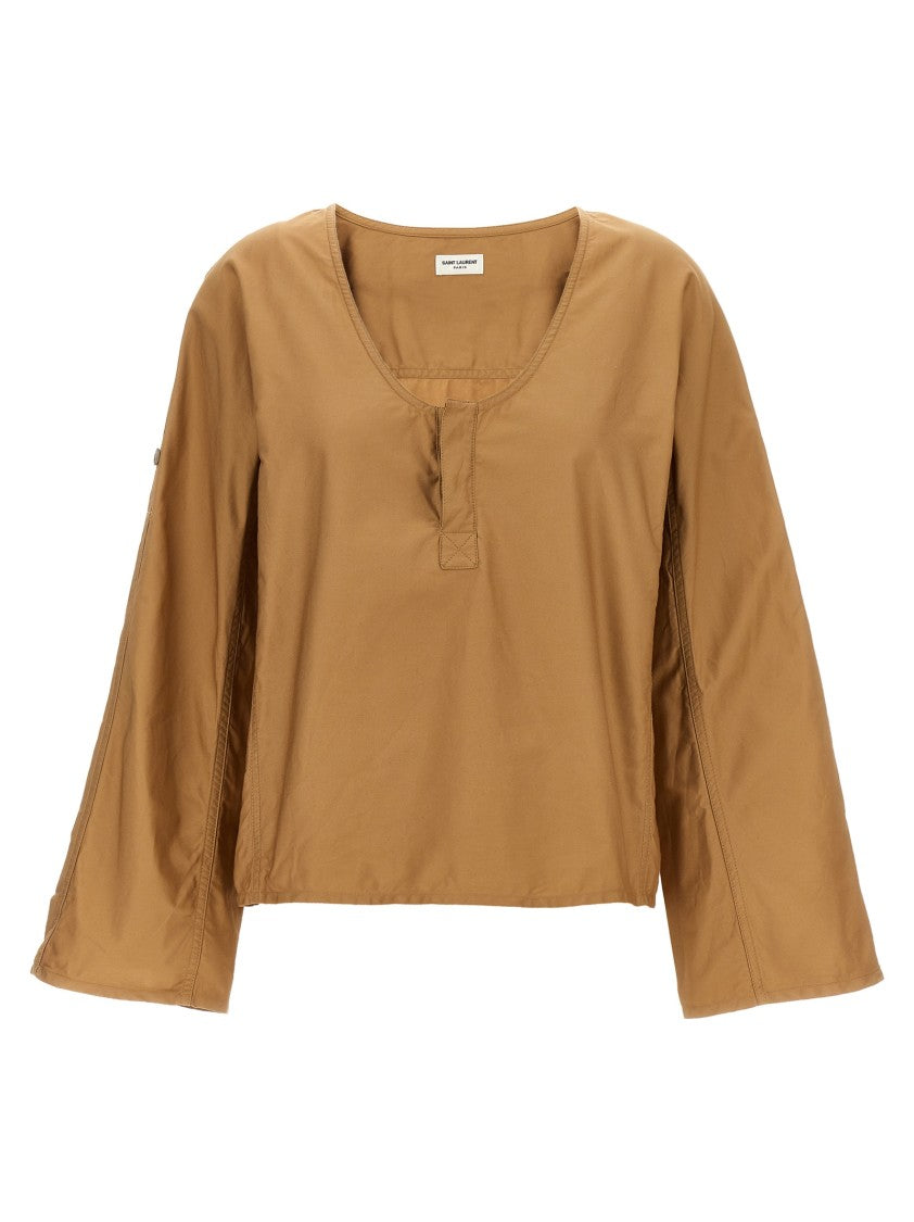 Saint Laurent Brown Twill Blouse With Wide Neck And Adjustable Sleeves