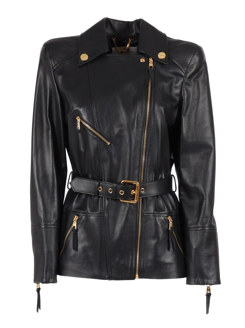 Elisabetta Franchi Fitted Sheepskin Leather Jacket With Belted Waist
