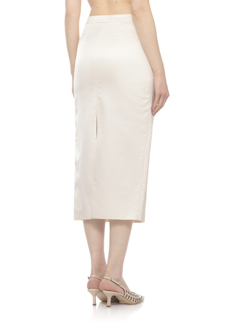 Pt Torino Ivory Cotton And Viscose Midi Skirt With Side Zip And Rear Vent