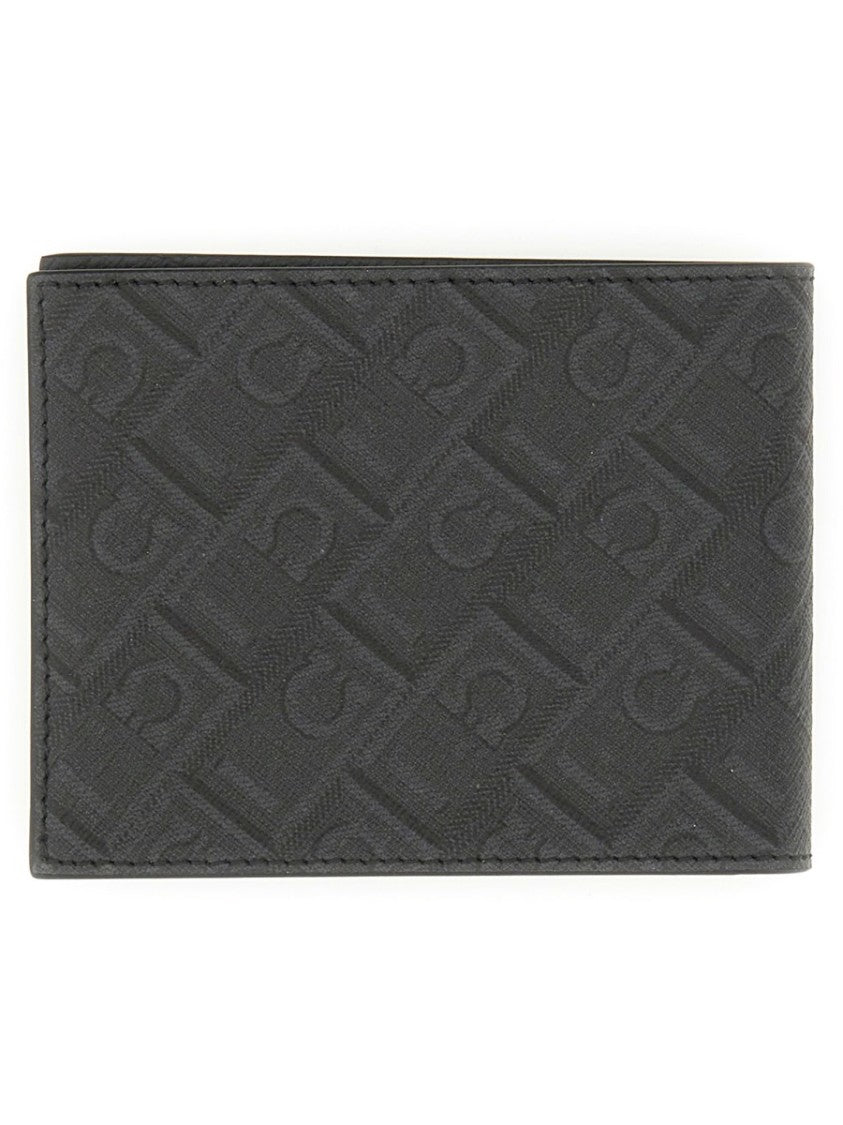 Ferragamo Rectangular Wallet With Textured Monogram And Centered Logo