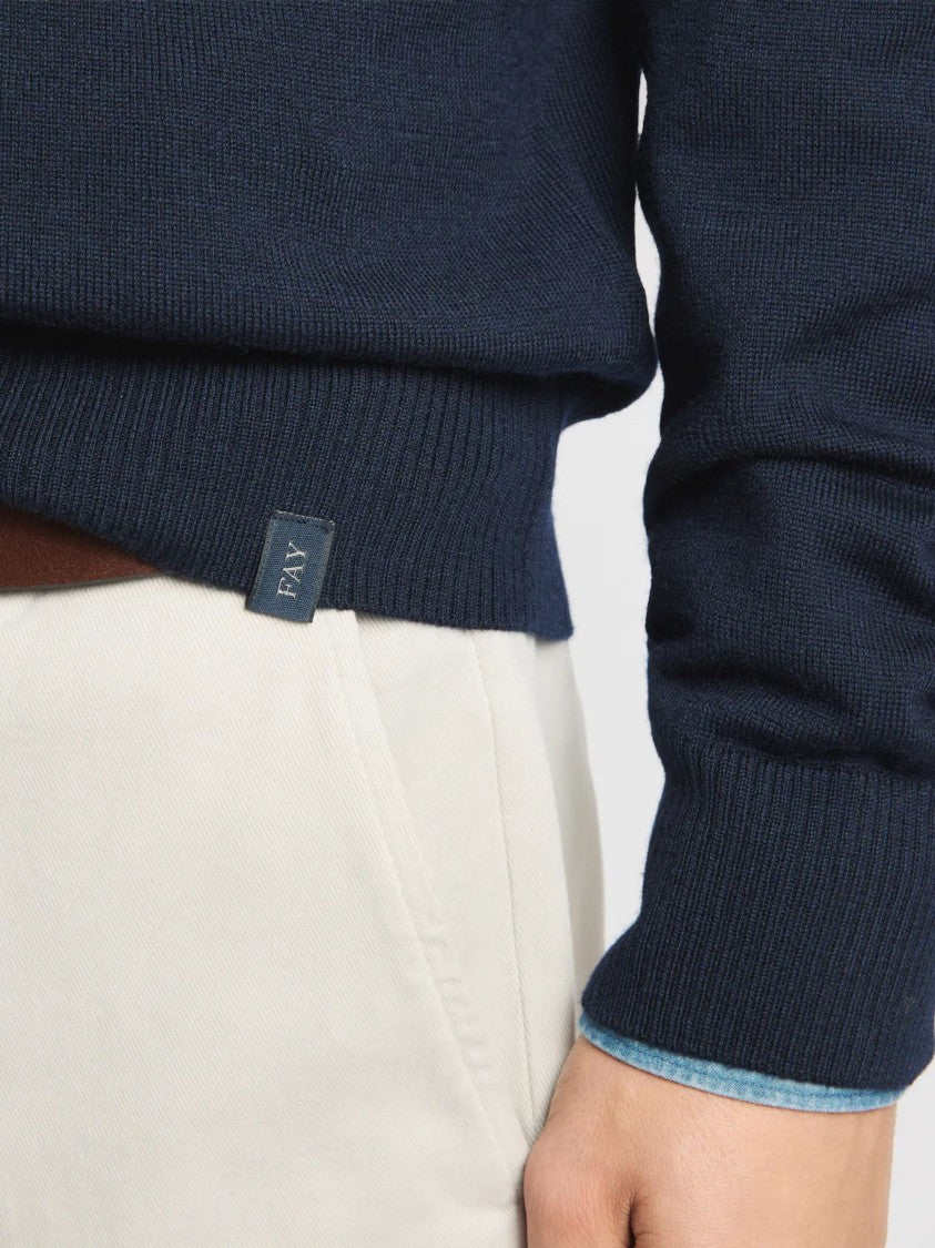 Fay Navy Blue Fine Knit Wool Sweater With Crew Neck And Ribbed Details