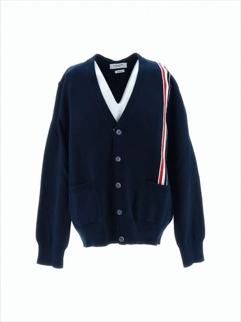 Thom Browne Navy Blue Knit Cardigan With Vertical Stripe Detail