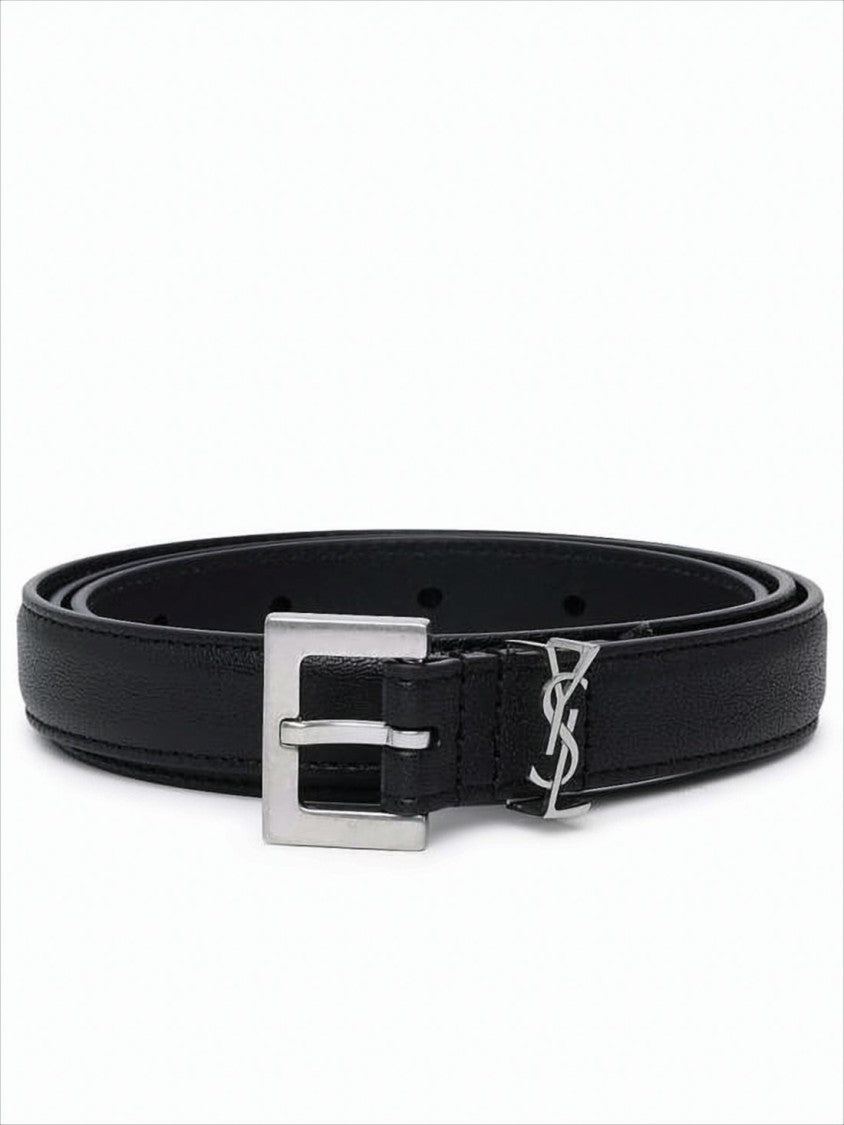 Saint Laurent Black Lambskin Belt With Rectangular Silver Buckle
