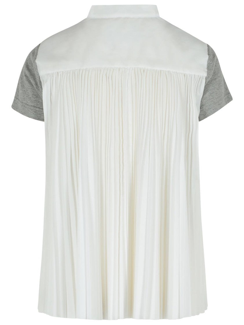 Sacai Ribbed Gray Cotton T-Shirt With Pleated Back Insert