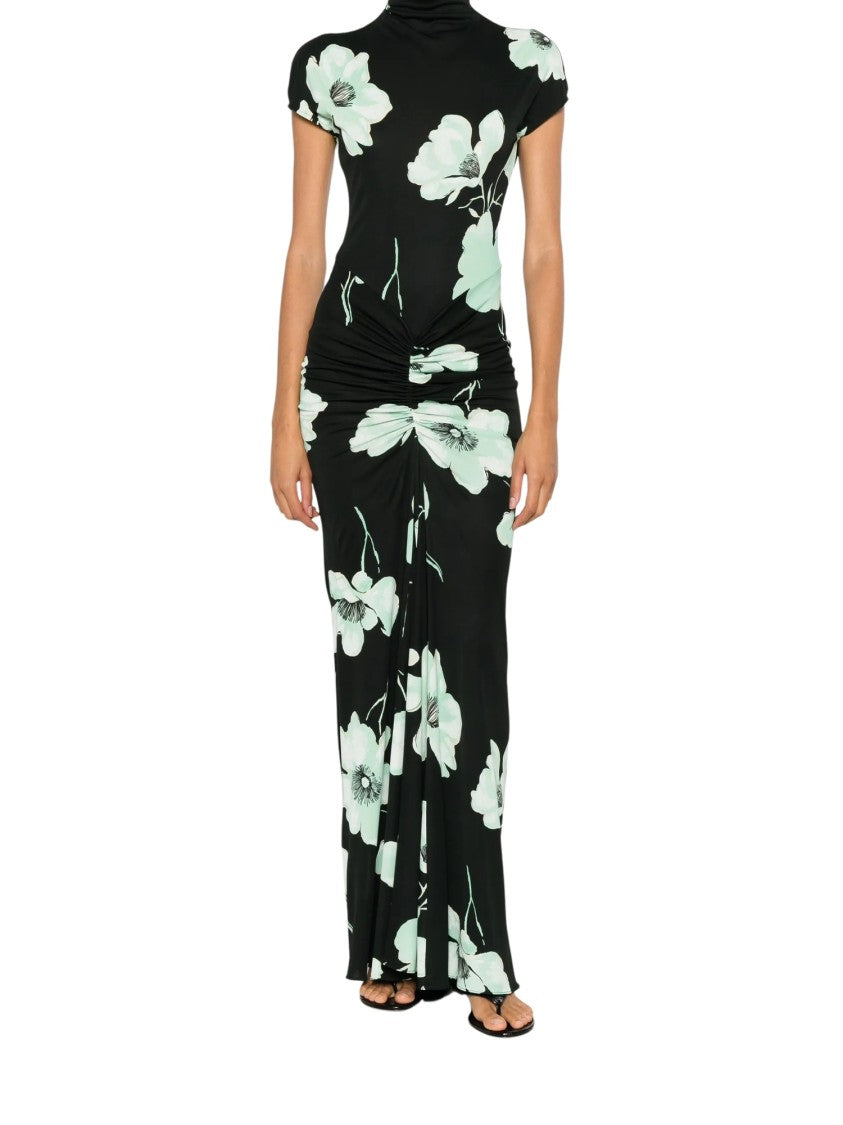 Alaïa Black Jersey Draped Sakura Printed Midi Dress