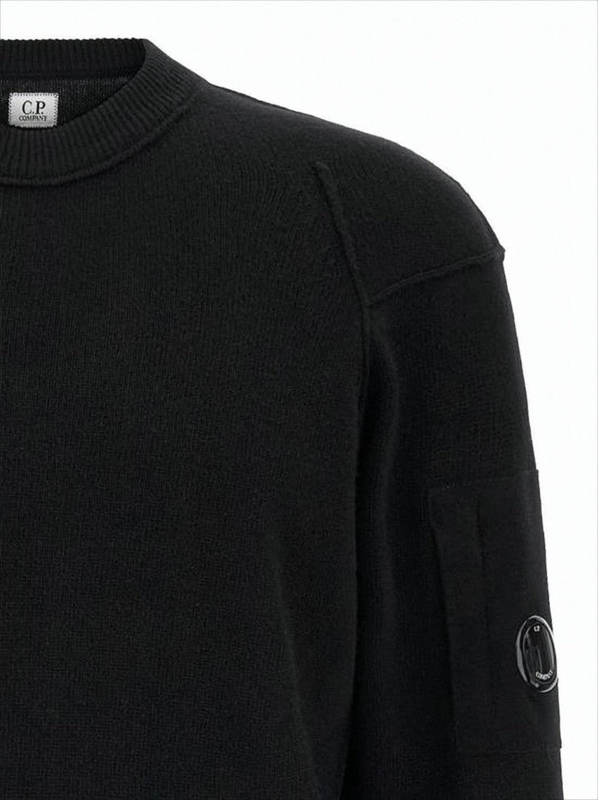 C.P. Company Minimalist Black Crew Neck Sweater With Subtle Logo Patch