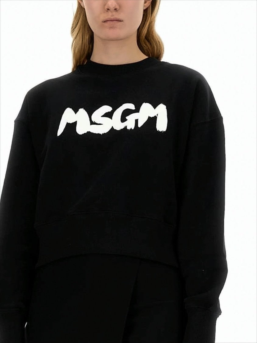 Msgm Black Cropped Long-Sleeve Sweatshirt With Bold Logo