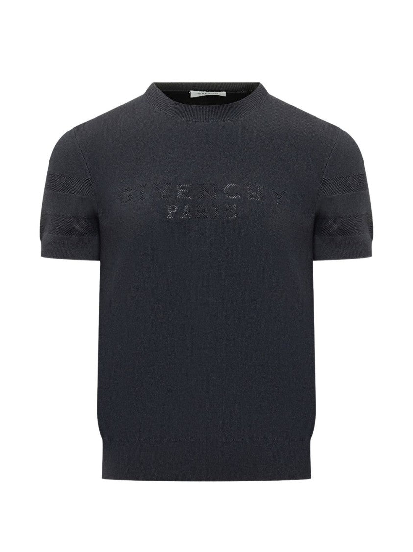 Givenchy Navy Blue Textured Panel Embroidered Knit Top