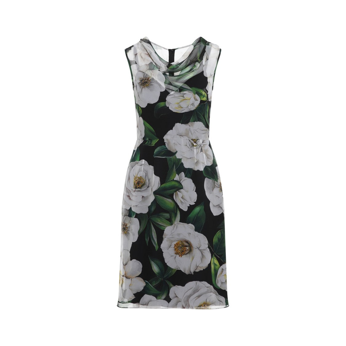 Dolce & Gabbana Cowl Neck Midi Dress In Black Silk With Floral Print