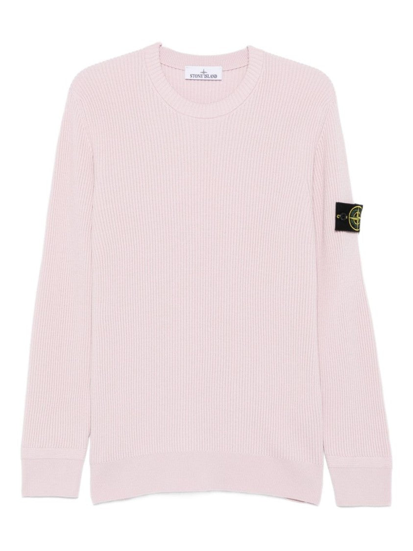 Stone Island Ribbed Virgin Wool Crew Neck Sweater With Logo Badge