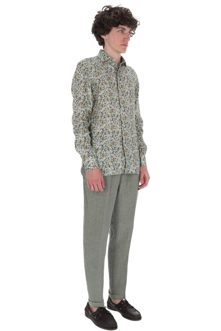 Borriello Green Flower Pattern Linen Casual Shirt