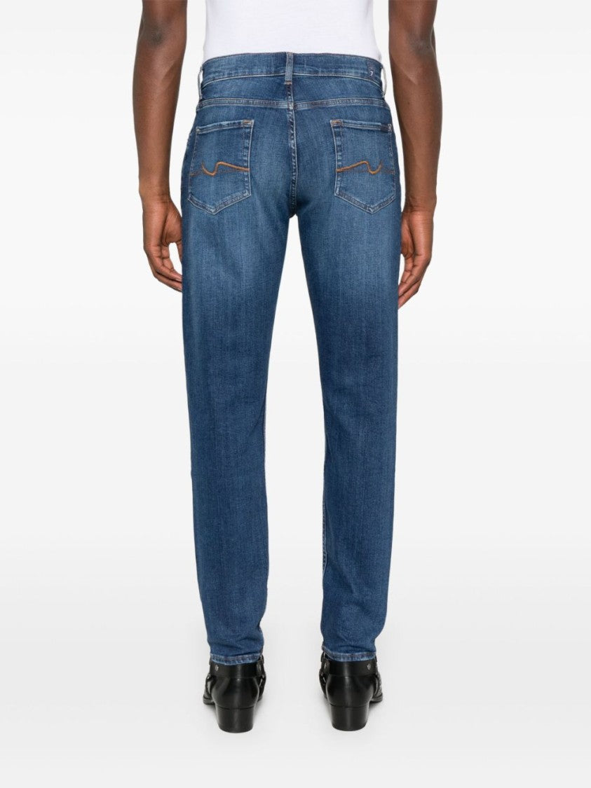 7 For All Mankind Indigo Blue Straight Leg Trousers With Classic Five-Pocket Design And Embroidered Motif