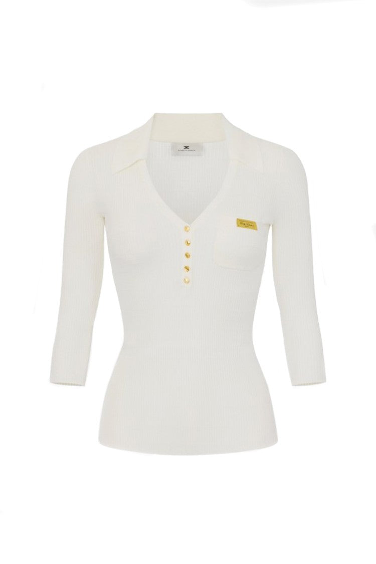 Elisabetta Franchi Ivory Braided Ribbed Polo Collar Lyocell-Blend Sweater
