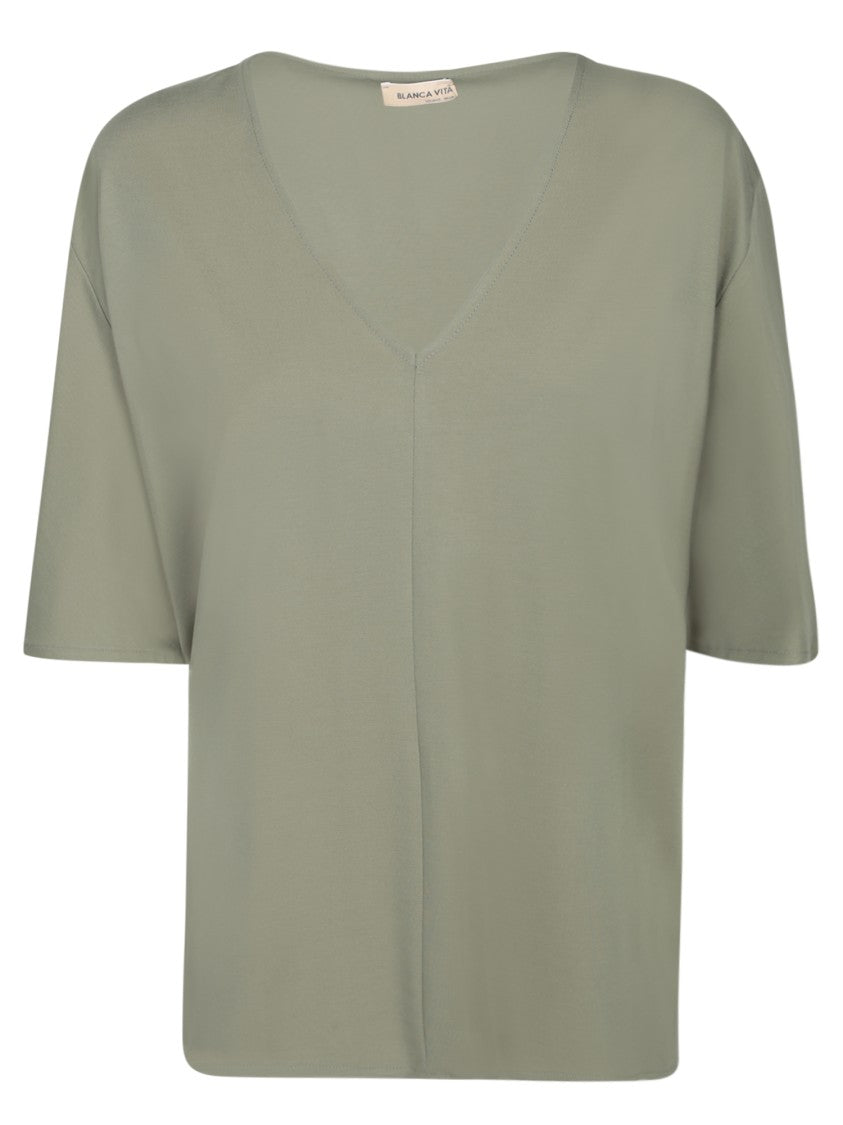 Blanca Vita Sage Jersey Blouse With Deep V-Neck