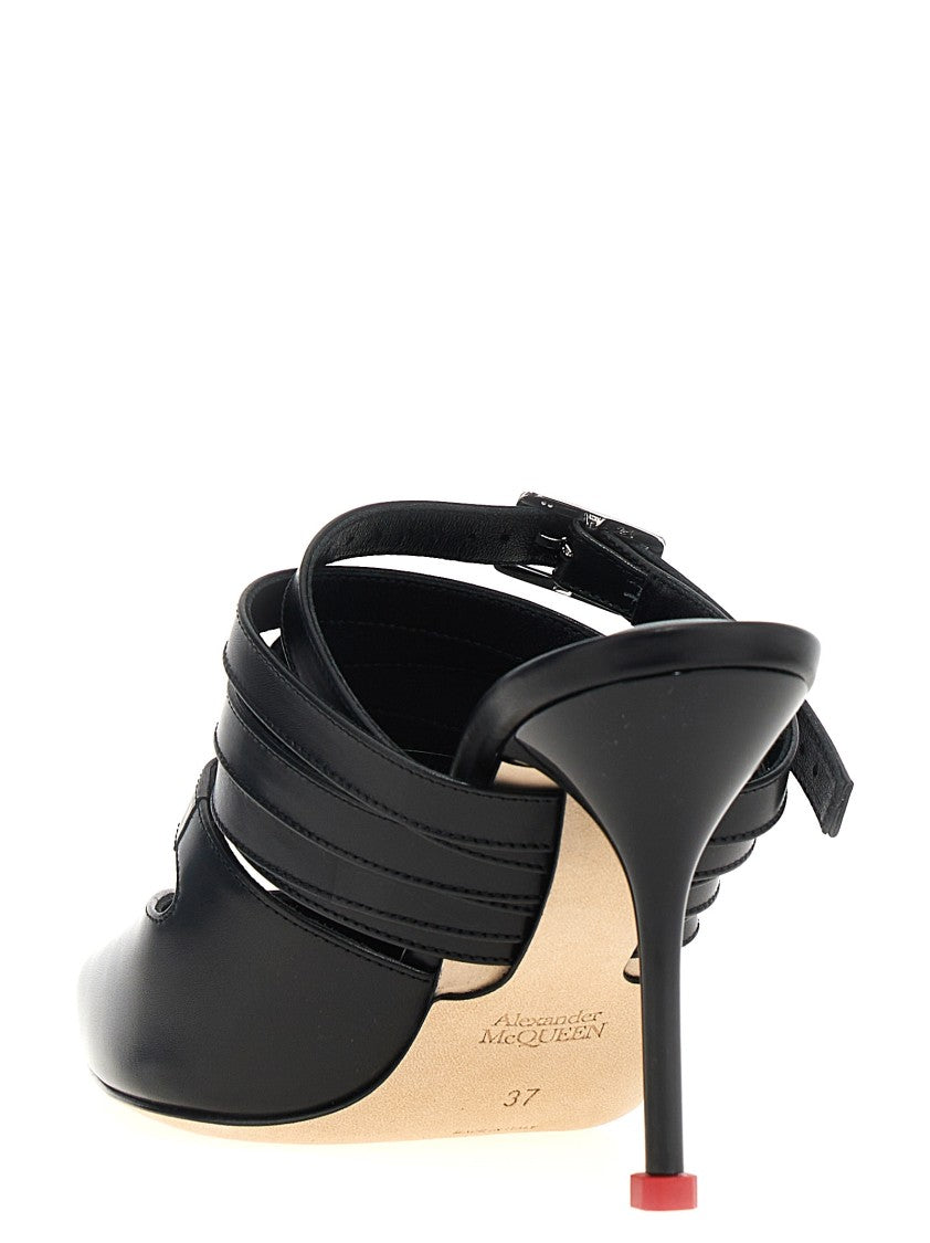 Mcqueen Sculpted Leather Strap Mules With Lacquered Heel