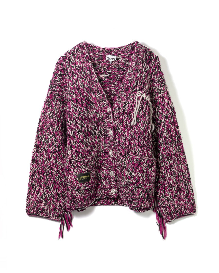 Ganni Graphic Purple Fringe Wool Handknit Cardigan