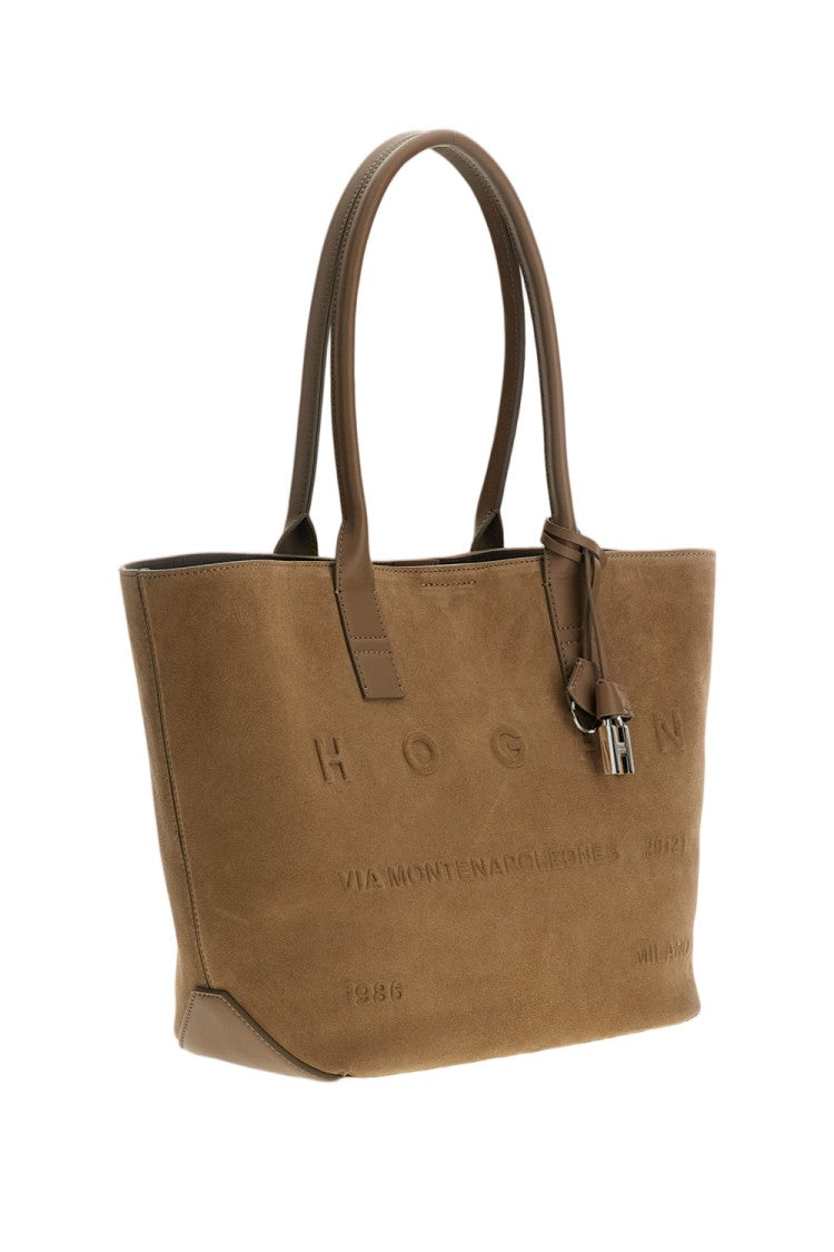 Hogan Embossed Suede Leather Small Shopping Bag With Internal Pouch