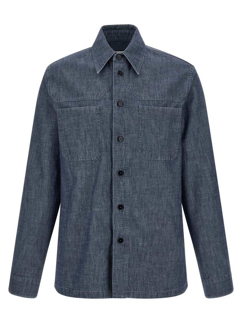 Jil Sander Blue Chambray Cotton Western Shirt With Cuffed Sleeves