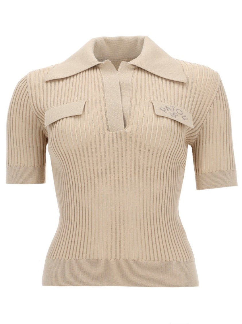 Patou Neutral Ribbed Knit Fitted Polo Shirt