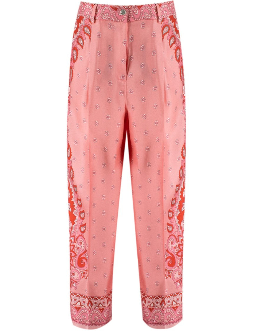 Etro Floral Pattern Silk Trousers With Medallion Details