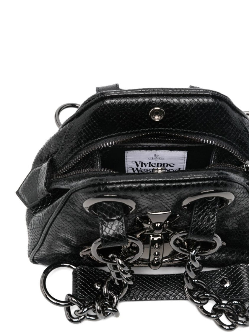 Vivienne Westwood Textured Black Handbag With Metallic Emblem And Chain Handles