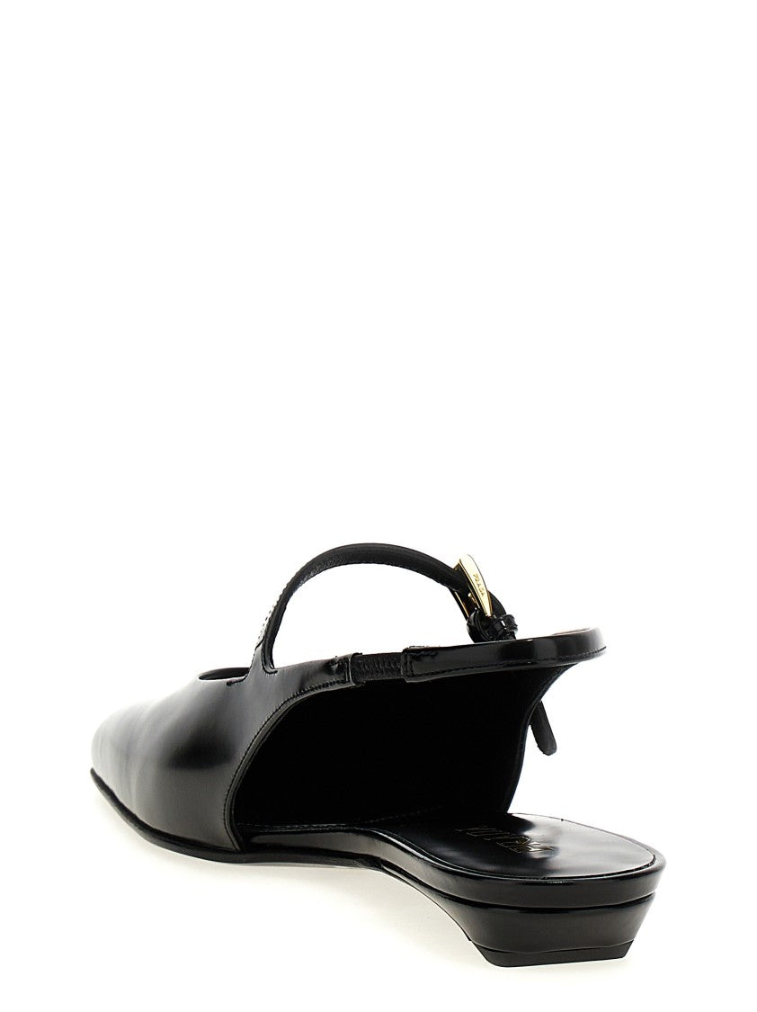 Prada Pointed Toe Leather Slingback With Embossed Logo