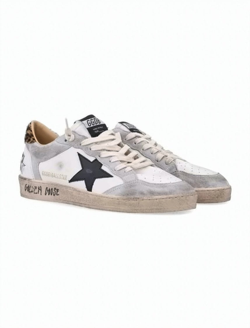 Golden Goose Distressed White Leather Sneakers With Grey Suede Overlays And Leopard Print Detail