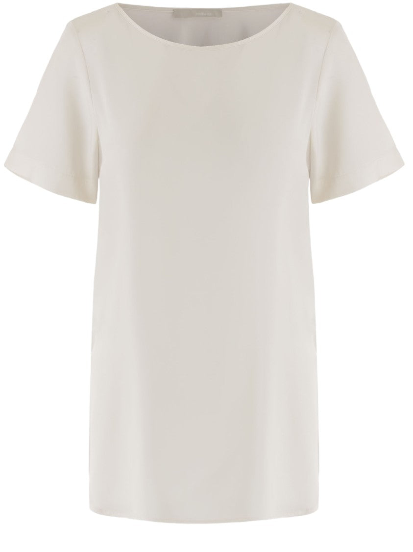 Allude Ivory Short-Sleeve Stretch Silk T-Shirt With Curved Hem