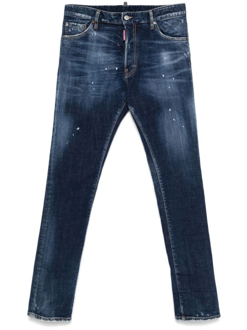Dsquared2 Slim Fit Distressed Blue Denim Jeans With Paint Splatters