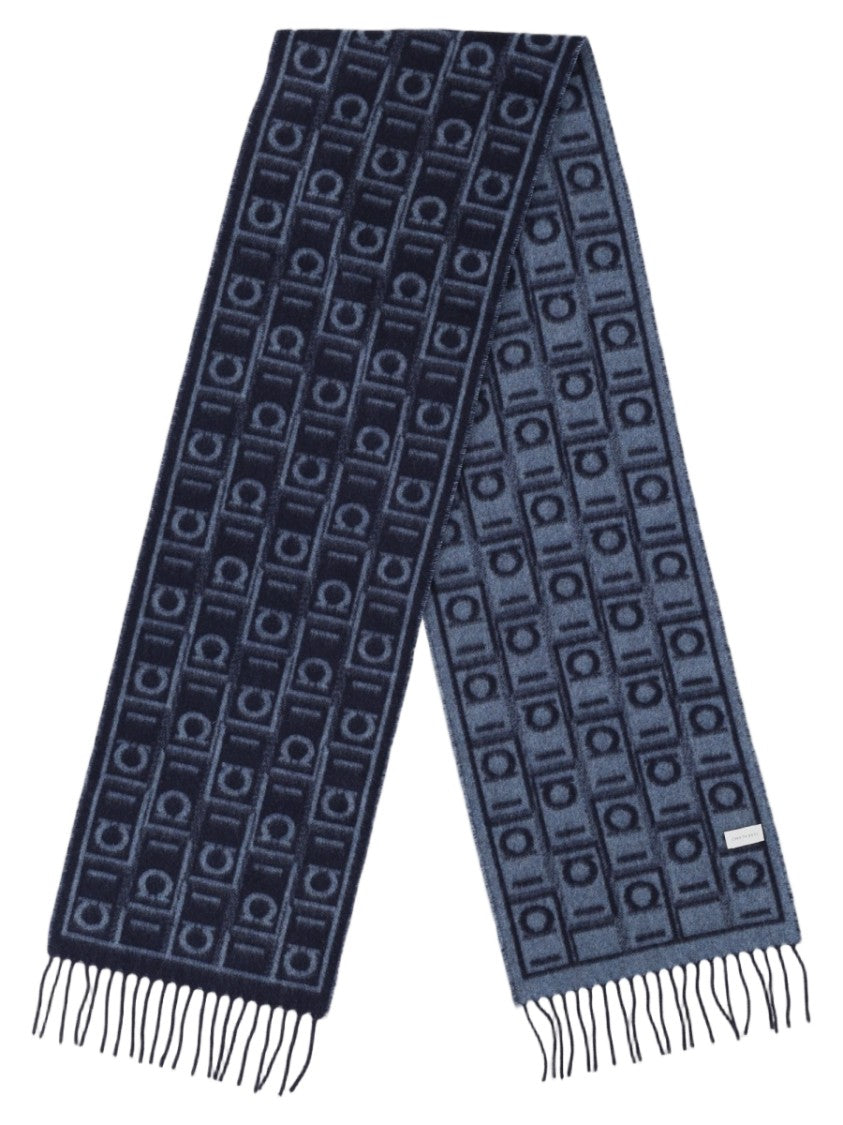 Ferragamo Blue Geometric Fringed Cashmere Wool-Blend Scarf