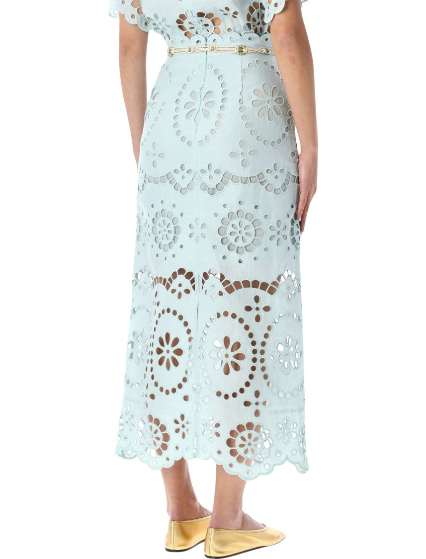 Zimmermann Awaken Light Blue Broderie Anglaise Midi Skirt